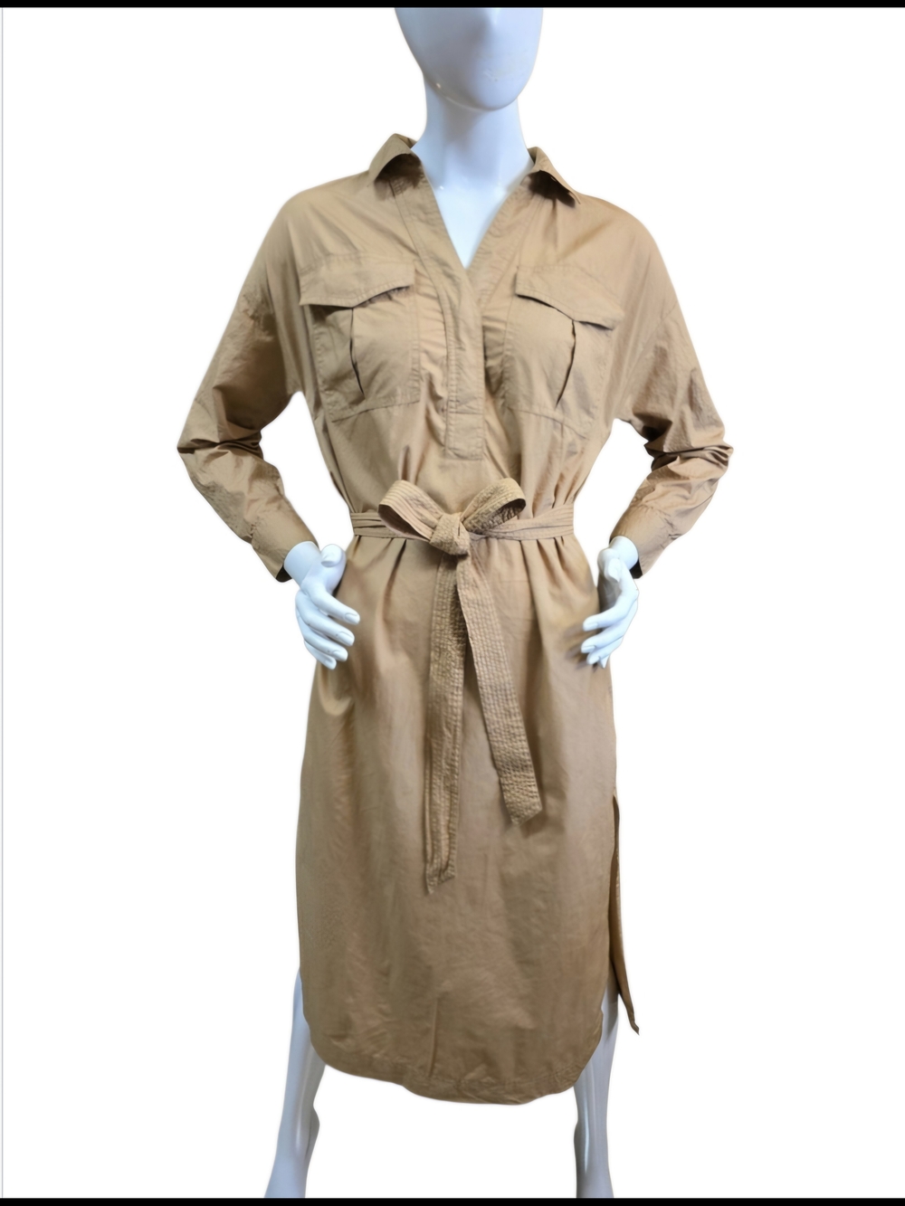 LOFT Tan Utility Shirt Midi Dress with Tie Waist Sz 4 Petite